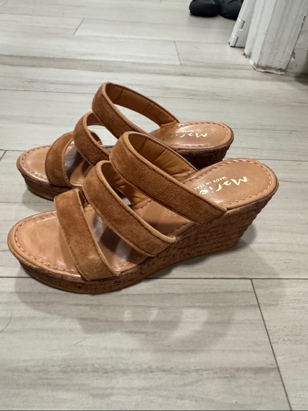 Suede Tan Triple-Strap Cork Wedge Sandals